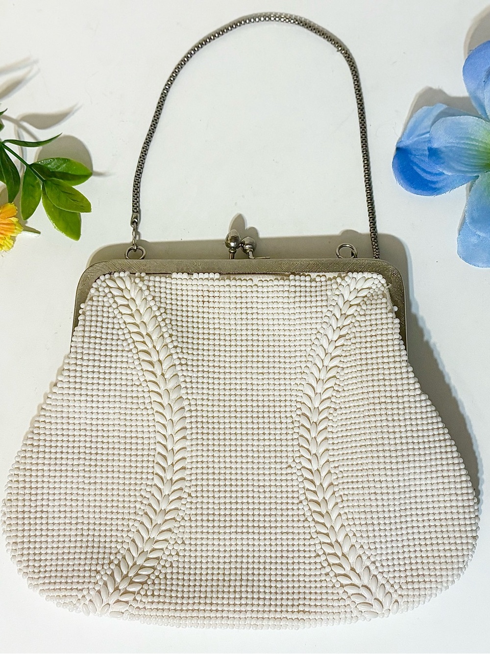 Vintage Du-Val Evening Clutch Bag-White Beads-Silver Kiss-Lock-Hong Kong Handbag
